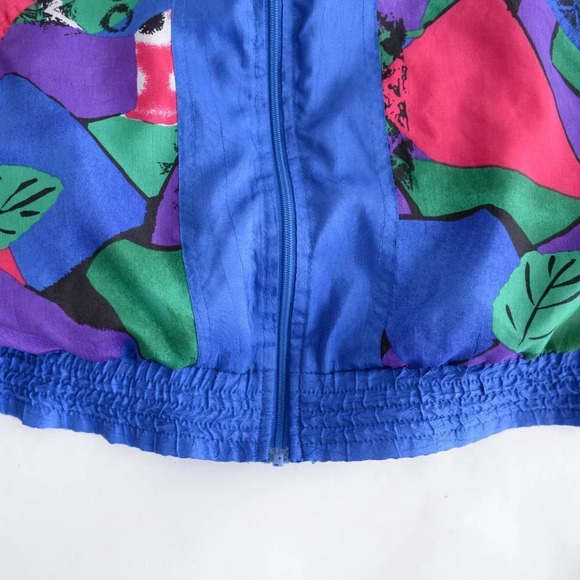 Vintage TanJay Blue Nylon Pink & Green Abstract Design Light Bomber Jacket XS - Picture 9 of 14